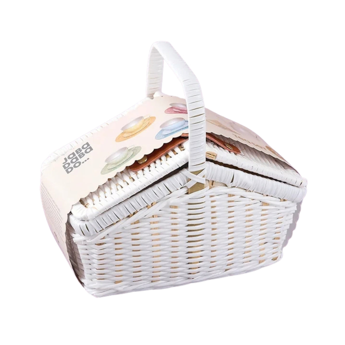 A white wicker picnic basket with a handle, shown on a plain white background. The basket is partially closed, the brand name 'Jabadabado' is printed on the cardboard label.