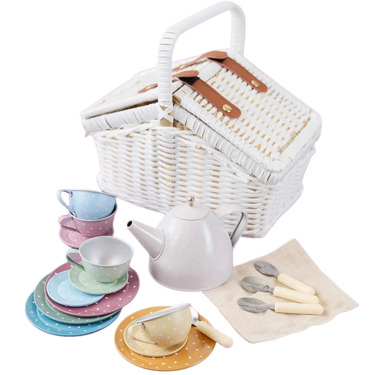 A children's play tea set featuring a white wicker-style picnic basket with handle, a pink teapot, pastel-colored cups and saucers, matching plates, spoons, and a napkin on a plain white background.