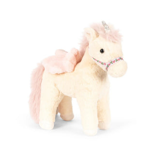 A plush unicorn toy with cream-colored fur, a fluffy pink mane and tail, a small pink wing, and a floral-patterned bridle, shown on a white background.