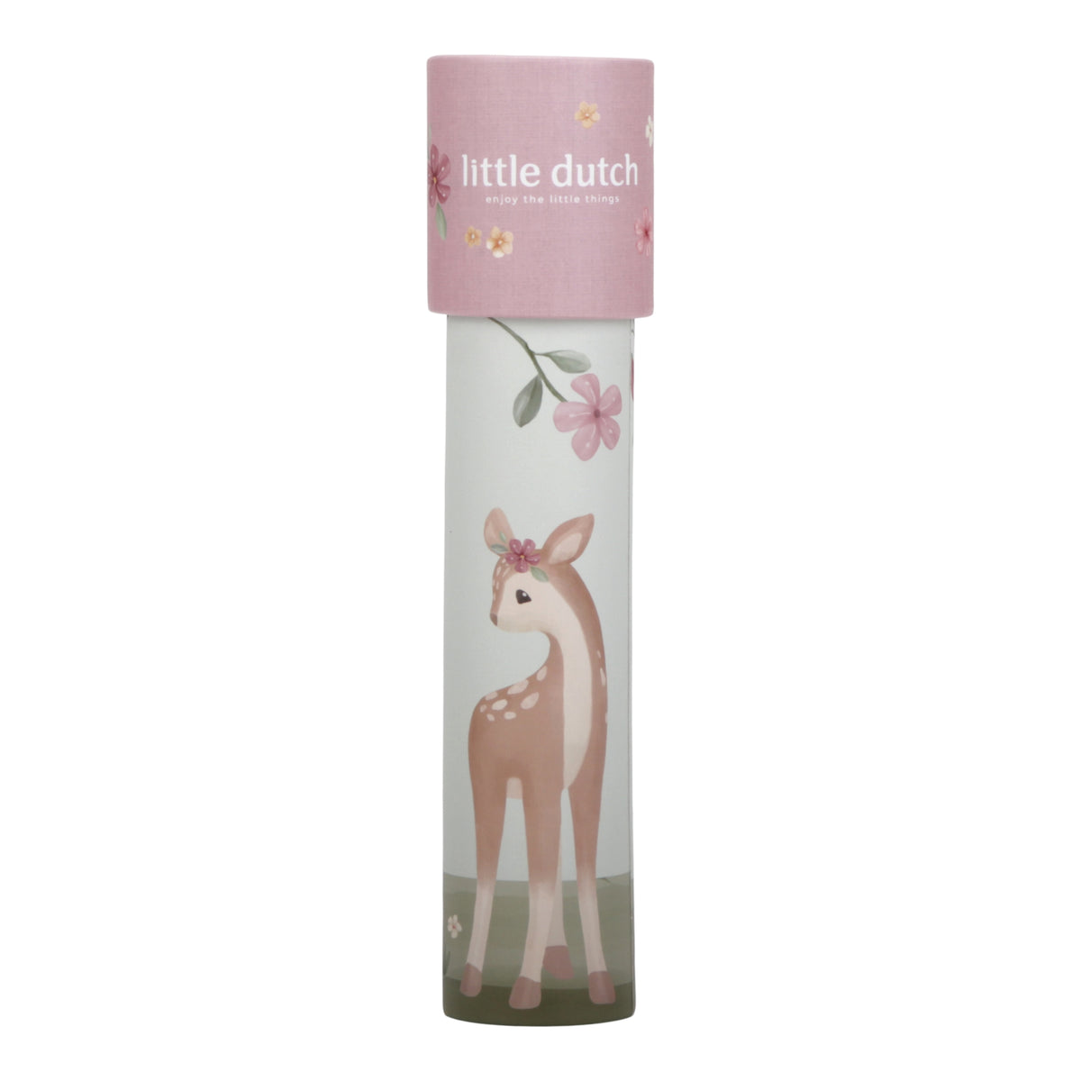 Cylindrical kaleidoscope packaging with a deer illustration and 'little dutch' branding