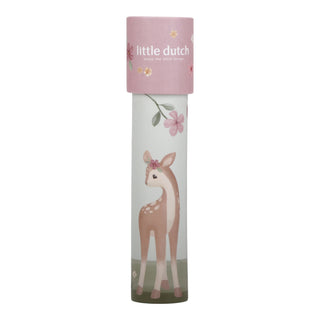 Cylindrical kaleidoscope packaging with a deer illustration and 'little dutch' branding