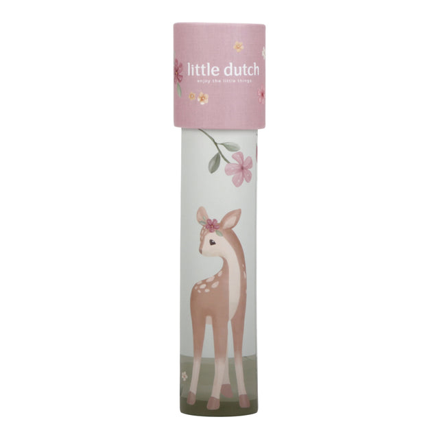 Cylindrical kaleidoscope packaging with a deer illustration and 'little dutch' branding