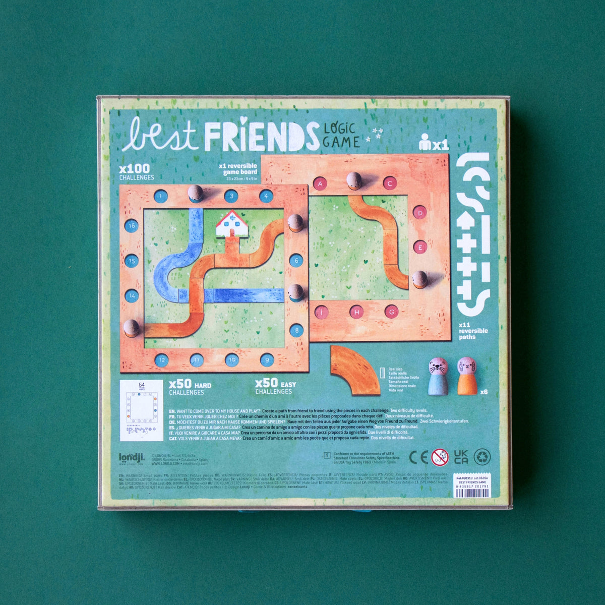The back of the box packaging of the 'Best Friends Logic Game' by Londji, shown flat against a dark green background. The box features a colorful illustration of a game board with orange tracks, blue paths, and two small character pawns.