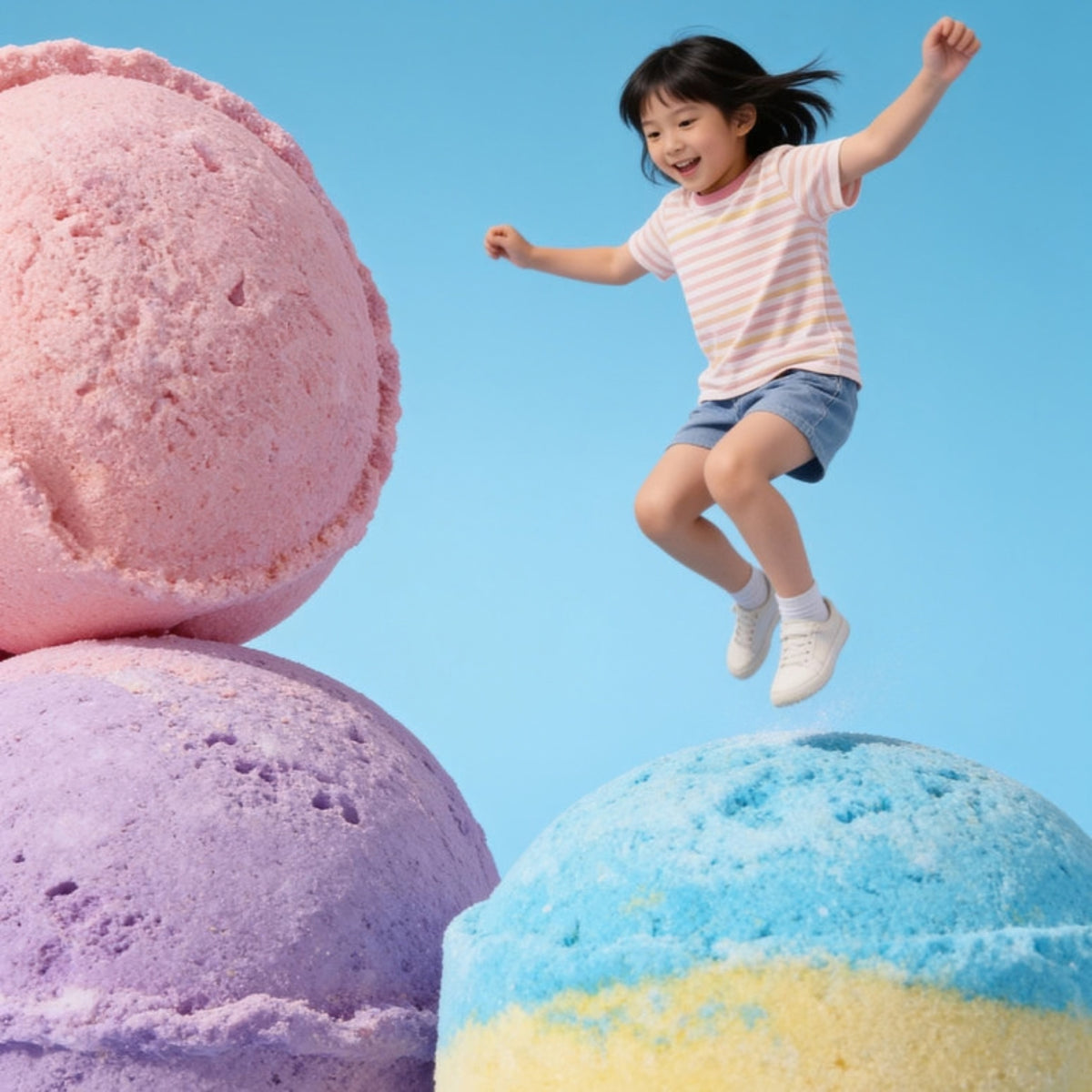 A young girl in a pink striped t-shirt and denim shorts jumps joyfully between giant colorful bath bombs against a bright blue sky background.