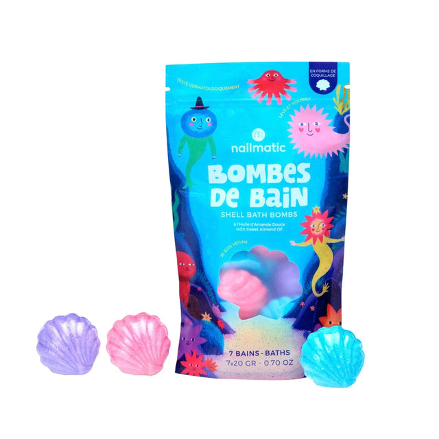 Nalimatic shell bath bombs in sealed blue bag with three shell bath bombs in pink, blue, and purple, on a white background