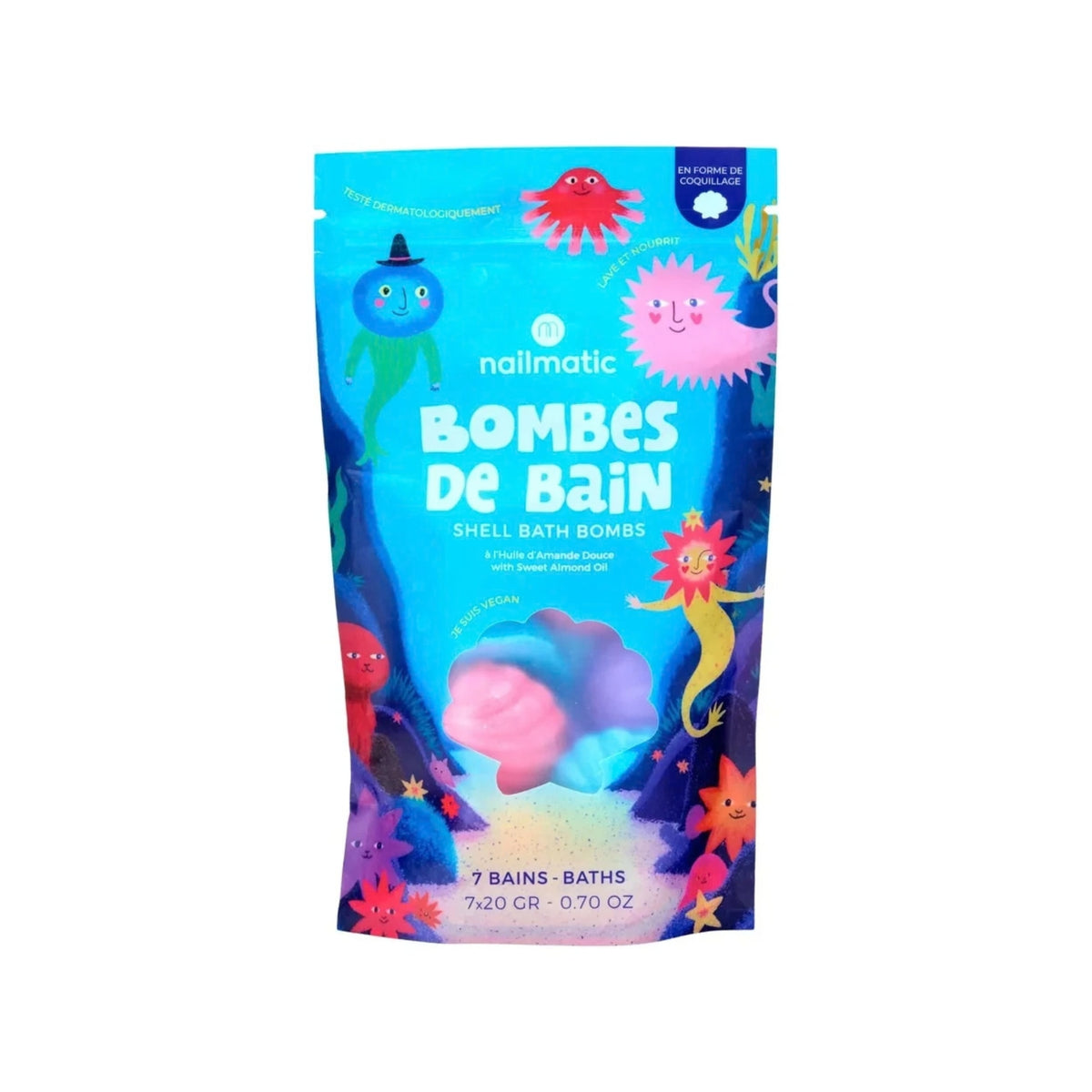 A stand-up pouch of Nailmatic Shell Bath Bombs, featuring a colorful ocean illustration with cartoon sea creatures against a white plain background.