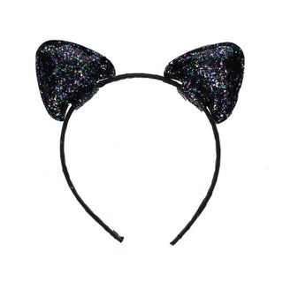Black cat ears headband with black iridescent glitter on the ears and a black band, shown on a plain white background.
