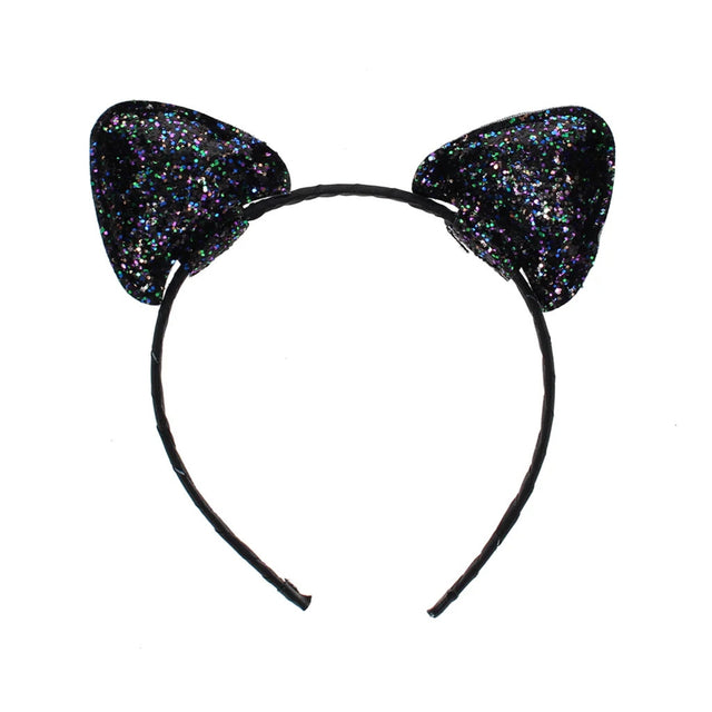 Black cat ears headband with black iridescent glitter on the ears and a black band, shown on a plain white background.