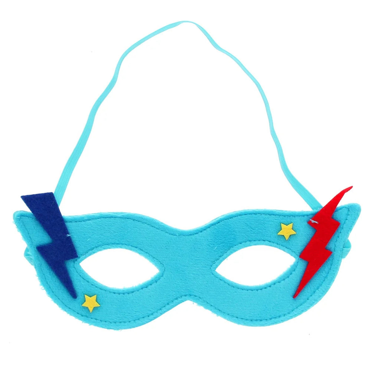 A light blue felt superhero mask with elastic strap, decorated with a dark blue lightning bolt, a red lightning bolt, and two small yellow stars. Shown in front of a plain white background.