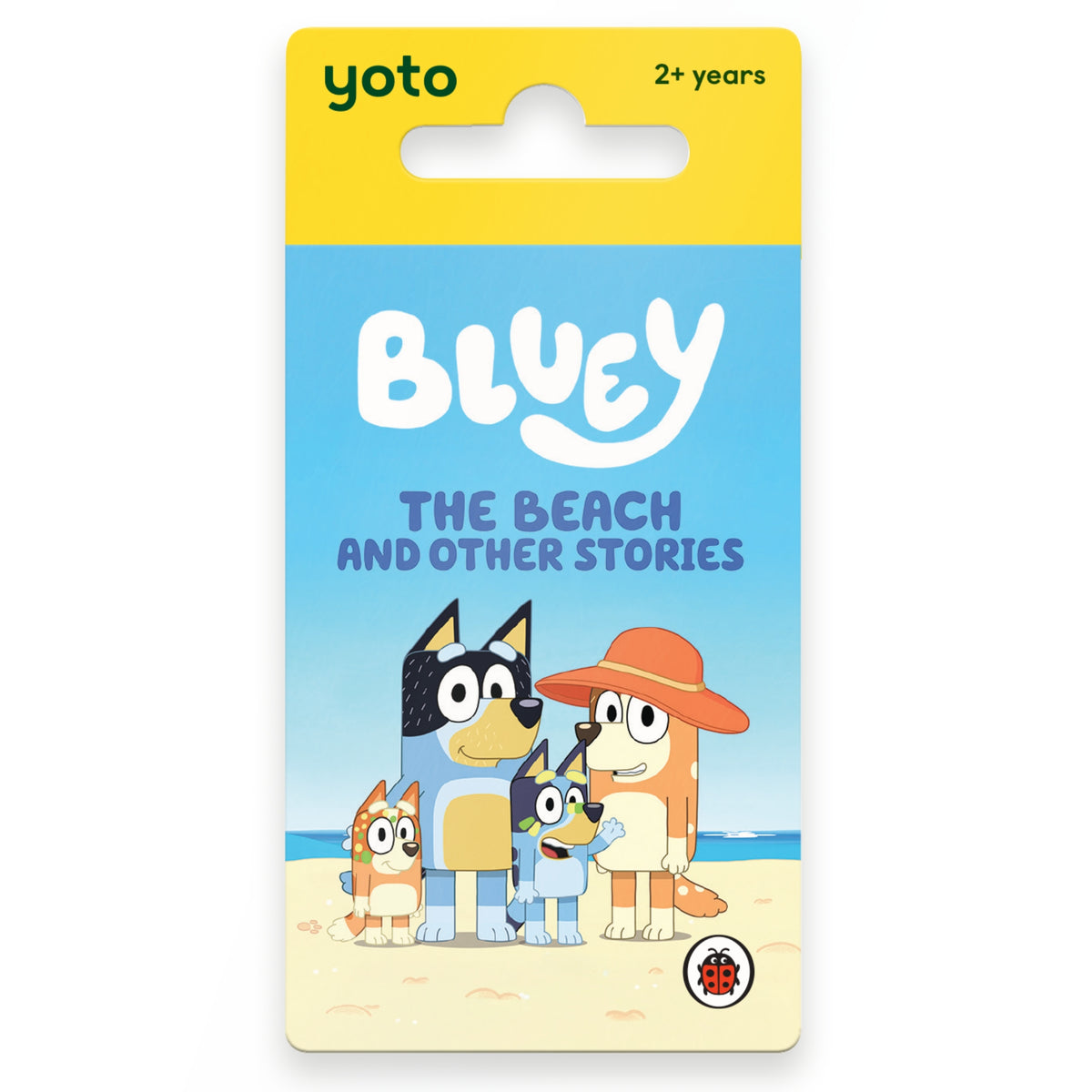 Bluey The Beach and Other Stories card book in its original yellow and blue hanging card packaging, featuring the Bluey characters on a sandy beach.