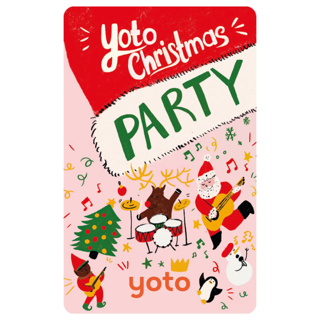 A rectangular Yoto Christmas Party card featuring a festive illustrated design with Santa, a reindeer, a Christmas tree, musical notes, and the words 'Yoto Christmas Party'.