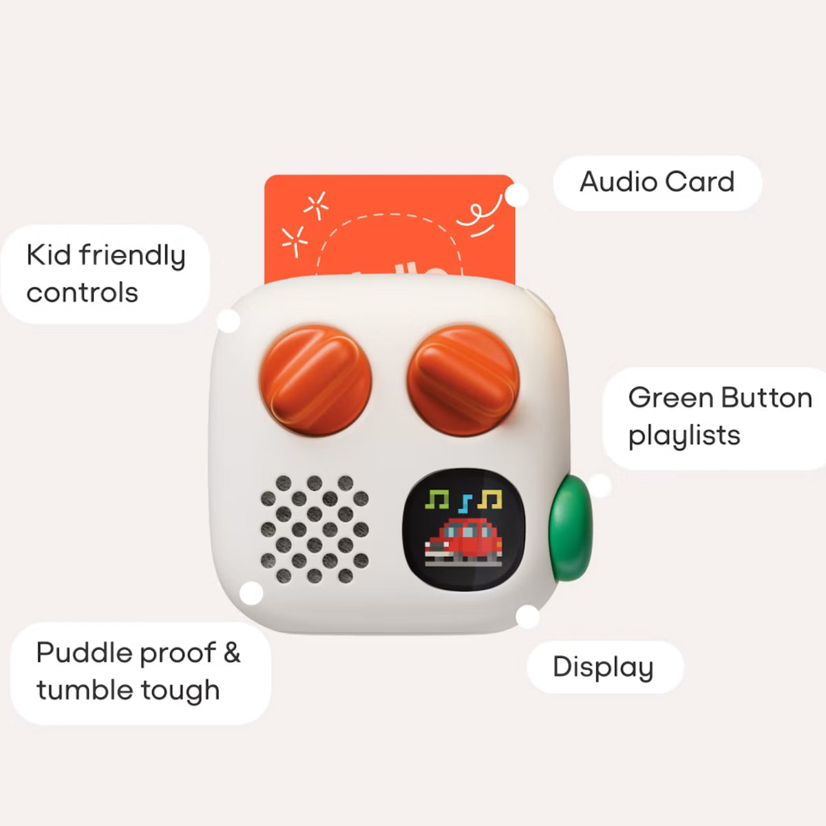 A white Yoto 4th Gen Mini Player with orange knobs, a green button, and a small card, shown floating against a white background. Text highlighting the following features: Audio Card, Kid friendly controls, Green Button playlists, puddle proof and tumble tough, Display.