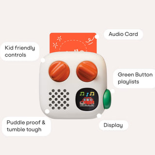 A white Yoto 4th Gen Mini Player with orange knobs, a green button, and a small card, shown floating against a white background. Text highlighting the following features: Audio Card, Kid friendly controls, Green Button playlists, puddle proof and tumble tough, Display.
