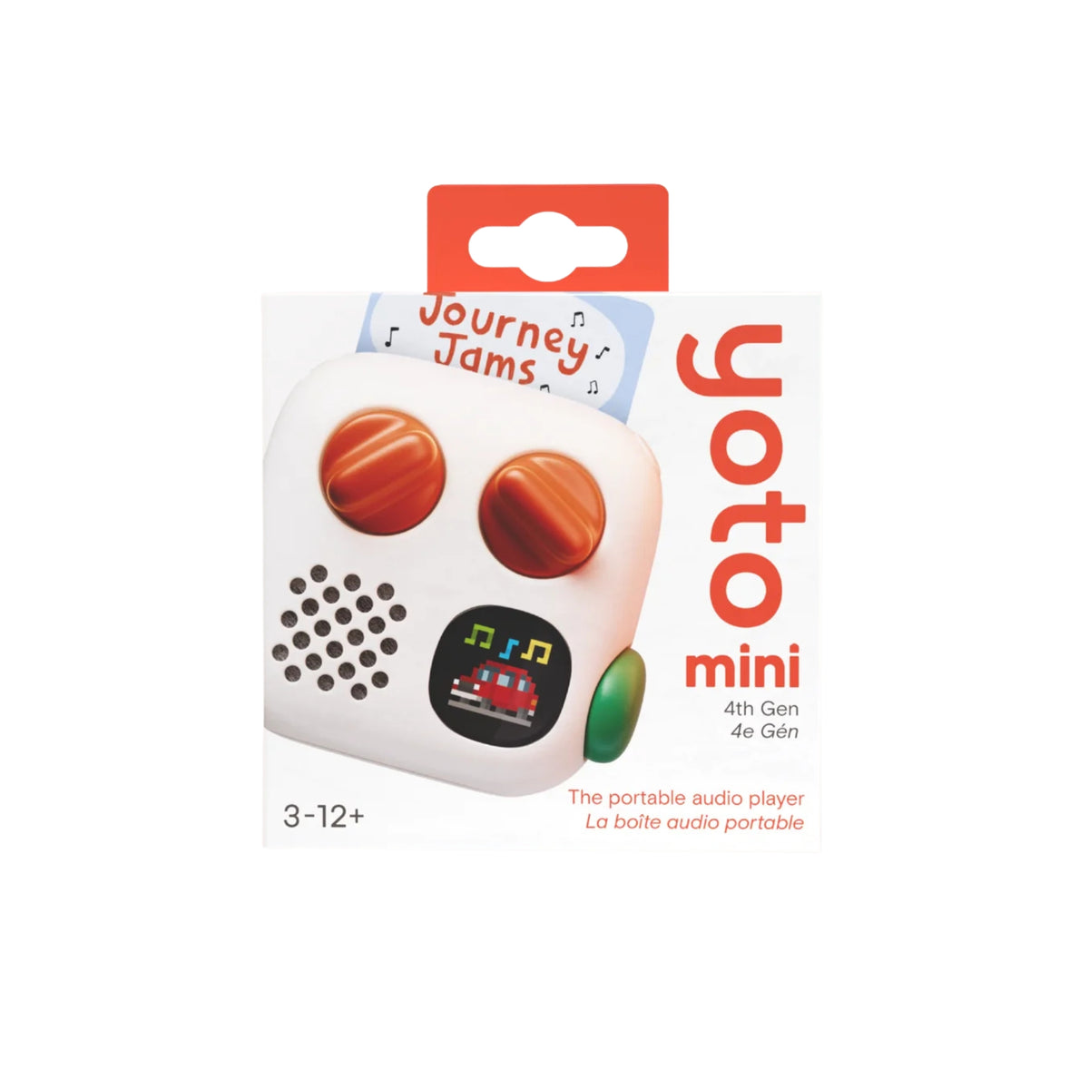Yoto Mini portable audio player in its retail packaging, featuring a white body with orange circular buttons, a green side button, and a small train graphic on the pixel screen.